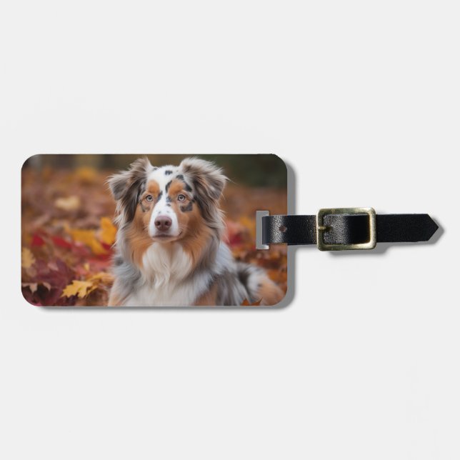 Étiquette À Bagage Australian Shepherd dans les feuilles d'automne qu (Devant horizontal)