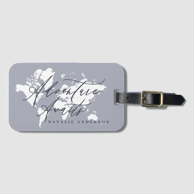 Étiquette À Bagage Aventure attend la carte du monde bleu aquarelle (Devant Horizontal)