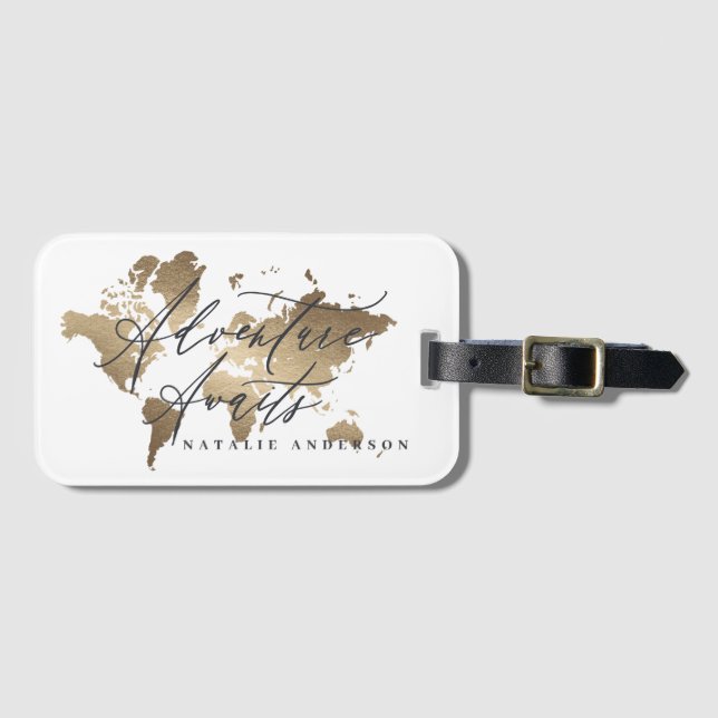 Étiquette À Bagage Aventure attend or aquarelle carte du monde (Devant Horizontal)