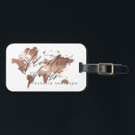 Étiquette À Bagage Aventure attend rose or aquarelle carte du monde<br><div class="desc">Adventure attend les effets métalliques rose or carte des bagages tags. Texte de script et de belles illustrations classiques en cuivre ou en or rose. Idéal pour une lune de miel nouvellement mariée ou des cadeaux de fin d'études.</div>
