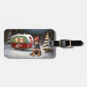 Étiquette À Bagage Aventure de Noël de la caravane Doberman d'hiver