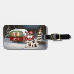Étiquette À Bagage Aventure de Noël du caravane de husky sibérien d'h