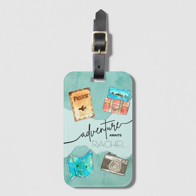 Étiquette À Bagage Aventures Await Watercolor (Devant Vertical)