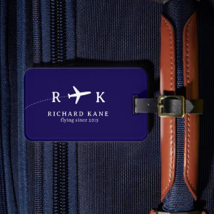 Étiquette À Bagage Avion avec initiales du pilote - aero bleu marine