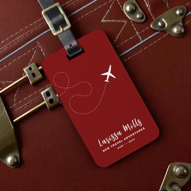 Étiquette À Bagage Avion avec route pointillée rouge foncé (Créateur téléchargé)