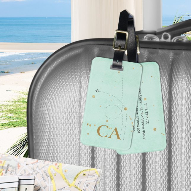Étiquette À Bagage Avion Monogram Gold Turquoise léger (Light Teal Minimalist Monogram Gold Airplane Luggage Tag ©Susanne Sachers - Sunny Wanderlust 🌞✈️)