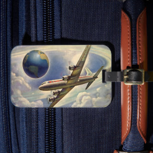 Étiquette À Bagage Avion vintage volant autour du monde dans les nuag
