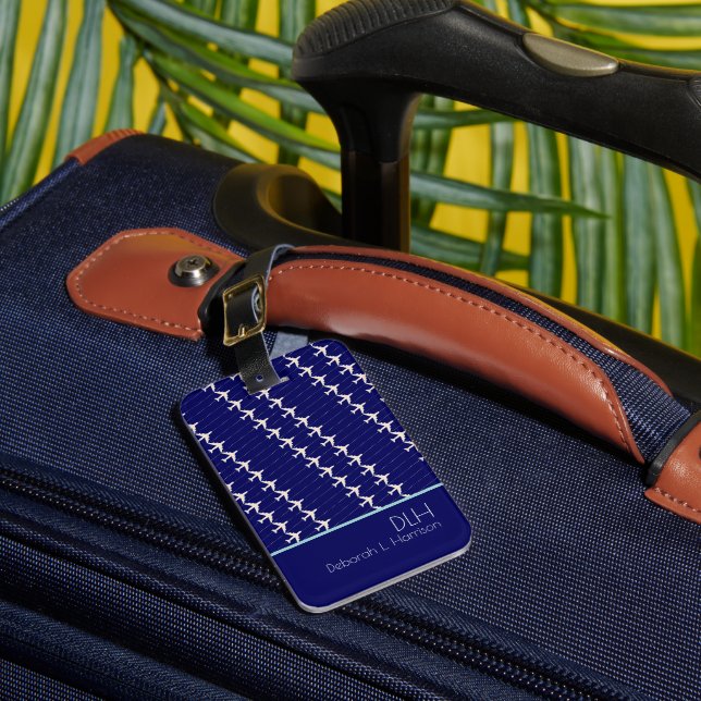 Étiquette À Bagage Avions blancs avec nom & initiales, élégant bleu (Insitu Rectoal 1)