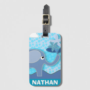 Étiquette À Bagage Baby Blue Elephant et Flower Personnalisé