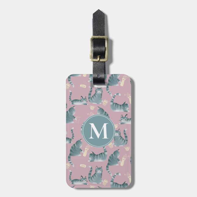 Étiquette À Bagage Bad Grey Tabby Chats Frappe Stuff Over & Monogramm (Devant Vertical)