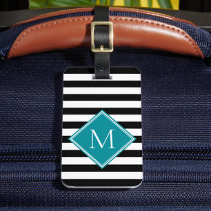 Étiquette À Bagage Bagage Monogramme Diamant Sarcelle Rayé Noir Blanc