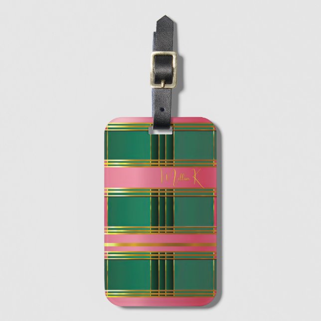 Étiquette À Bagage Bagage Monogramme en Bloc de Couleurs Rose et Vert (Devant Vertical)
