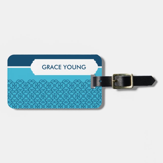 Étiquette À Bagage BAGAGES TAG :: rosette à motifs aqua + marine (Devant horizontal)