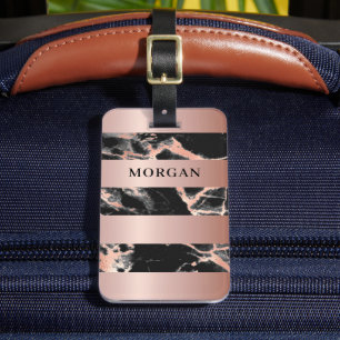 Étiquette À Bagage Bagues en or rose, Marbre noir et or rose, Nom