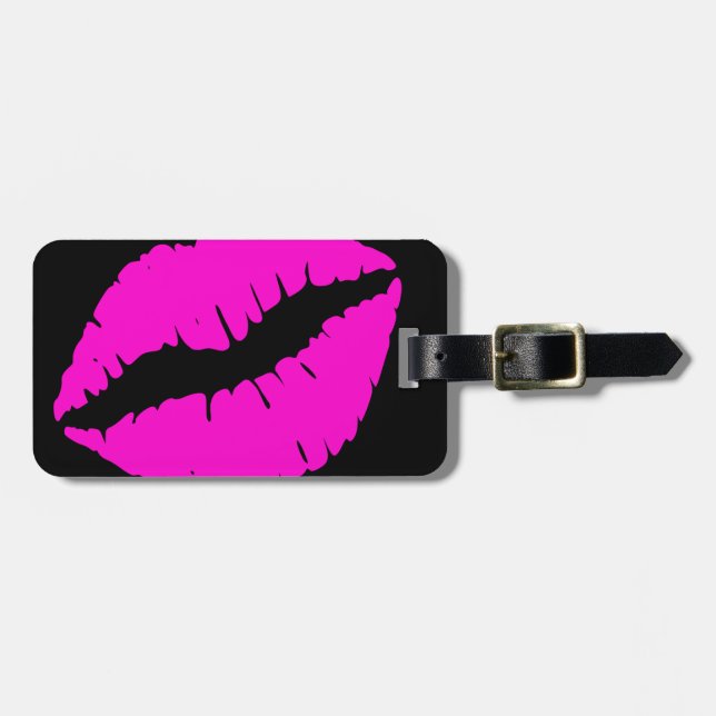 Étiquette À Bagage Baiser de rouge à lèvres noir et rose néon (Devant horizontal)