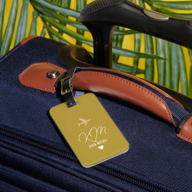 Étiquette À Bagage Balise bagage Monogramme Avion Dusty Mustard (Insitu Rectoal 1)