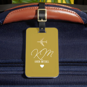 Étiquette À Bagage Balise bagage Monogramme Avion Dusty Mustard