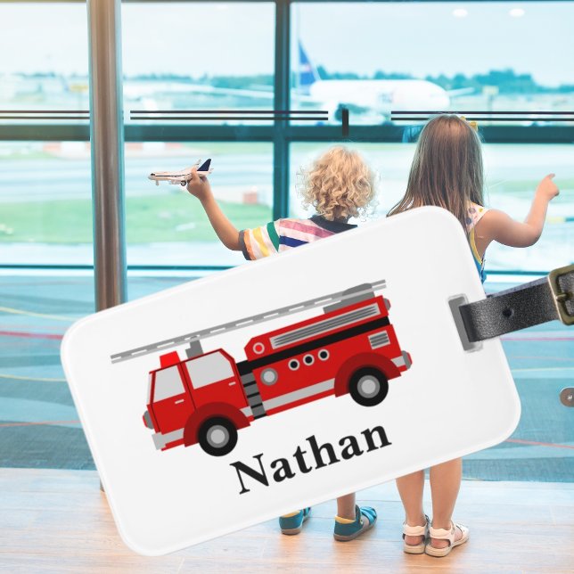 Étiquette À Bagage Balise bagage pour camion rouge pour enfant mignon (cute modern red fire engine luggage tag for boys love fire truck gift christmas stocking filler)