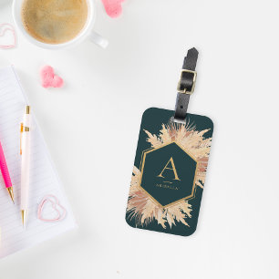 Étiquette À Bagage Balise Boho Pampas avec cadre or Monogram Luggage
