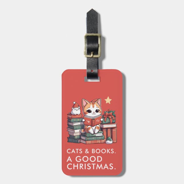 Étiquette À Bagage Balise Chats et Livres de Noël (Devant Vertical)