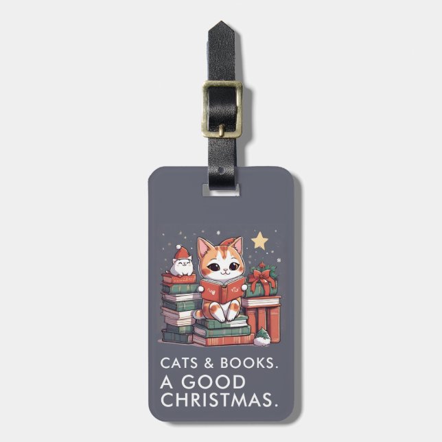 Étiquette À Bagage Balise Chats et Livres de Noël (Devant Vertical)