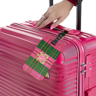 Étiquette À Bagage Balise Chic Monogrammed Pink and Green Plaid