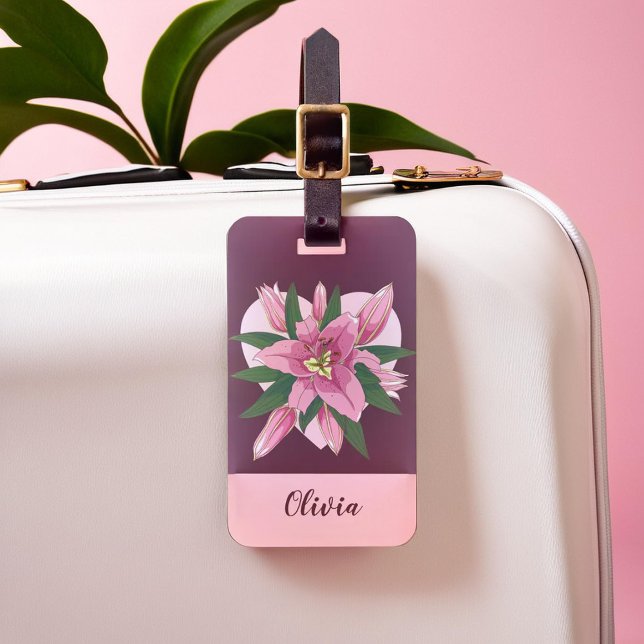 Étiquette À Bagage Balise de bagage au coeur doux pourpre fleuri (Purple Blooming Lily Sweet Heart Luggage Tag)