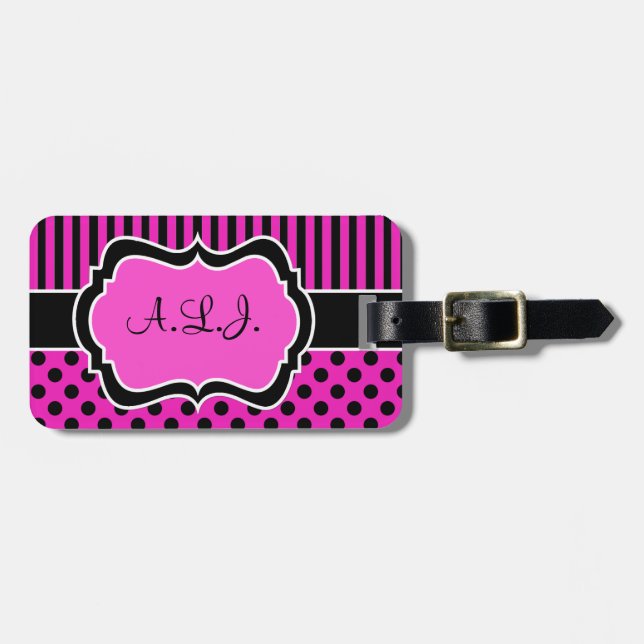 Étiquette À Bagage Balise de bagage avec points polk rayés rose, noir (Devant horizontal)
