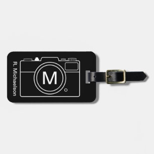 Étiquette À Bagage Balise de bagage de caméra Monogram - noir et blan