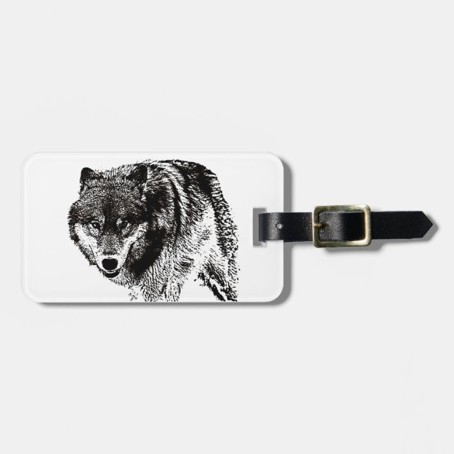 Étiquette À Bagage Balise de bagage de voyage de loup sauvage noir et (Devant horizontal)