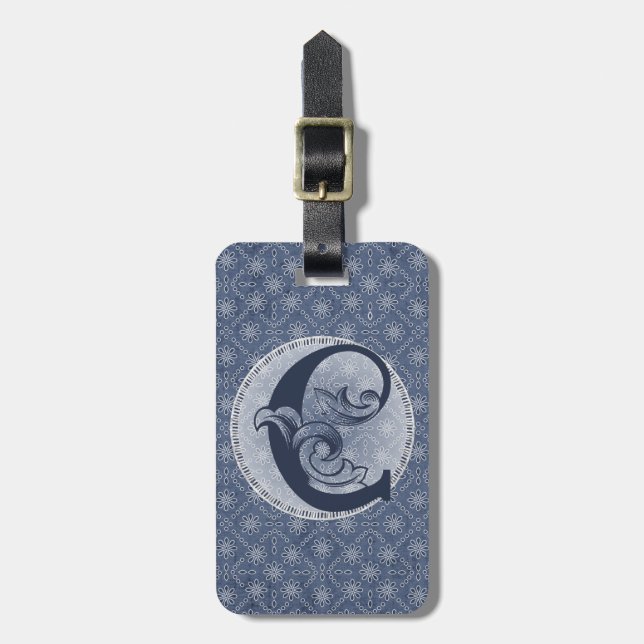 Étiquette À Bagage Balise de bagage Denim Blue Decorative Monogramme  (Devant Vertical)