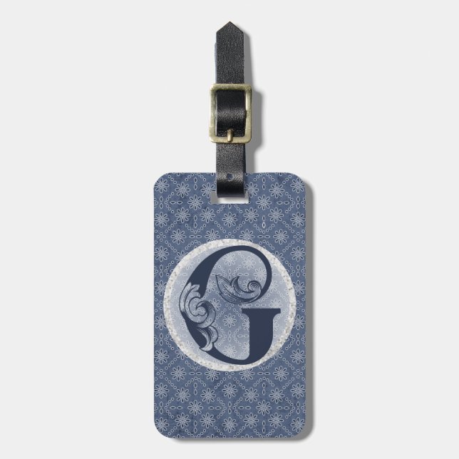 Étiquette À Bagage Balise de bagage Denim Blue Decorative Monogramme  (Devant Vertical)