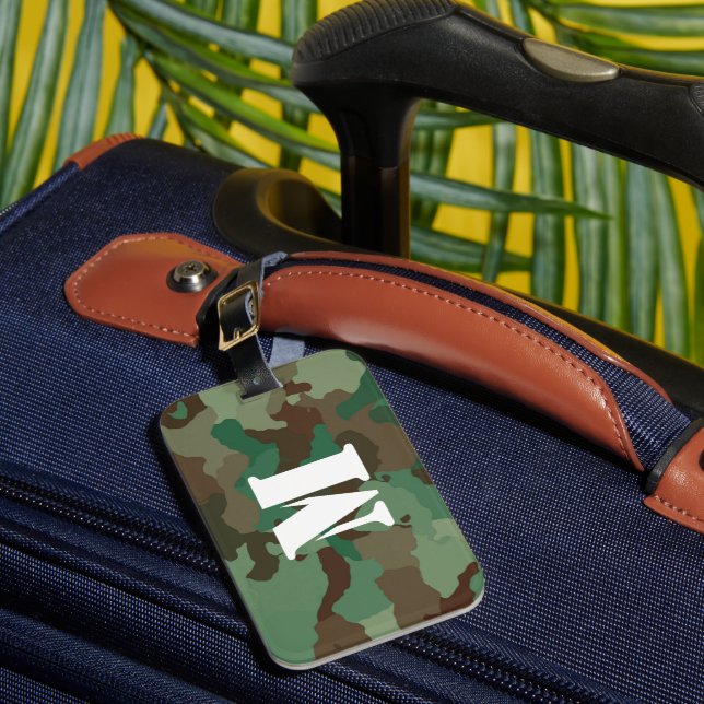 Étiquette À Bagage Balise de bagage en camo vert avec monogramme blan (Insitu Rectoal 1)
