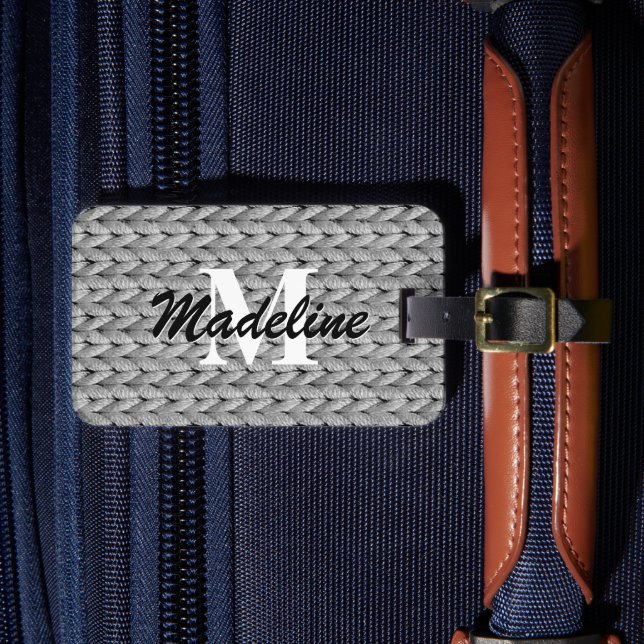 Étiquette À Bagage Balise de bagage en nappe gris + Nom, Monogramme (Insitu Rectoal 4)