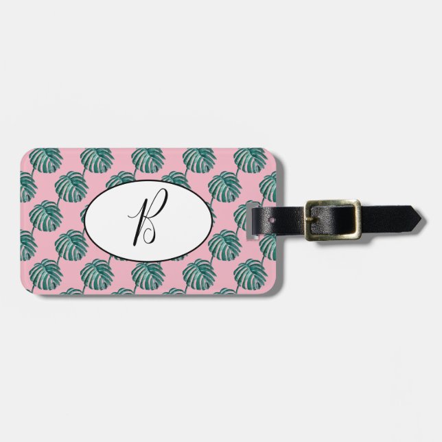 Étiquette À Bagage Balise de bagage Monogram Palm Print Turquoise (Devant horizontal)
