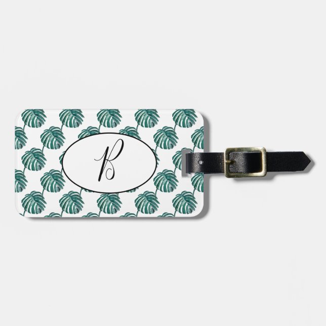 Étiquette À Bagage Balise de bagage Monogram Palm Print Turquoise (Devant horizontal)