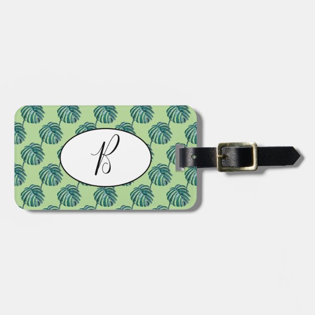 Étiquette À Bagage Balise de bagage Monogram Palm Print Turquoise (Devant horizontal)