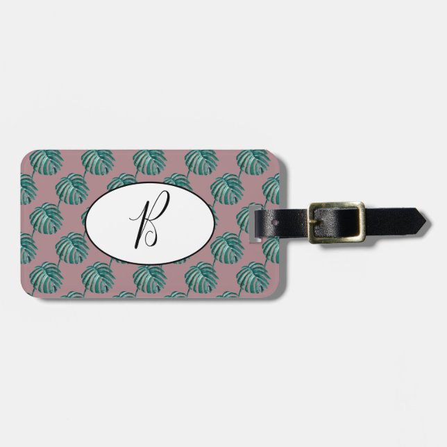 Étiquette À Bagage Balise de bagage Monogram Palm Print Turquoise (Devant horizontal)