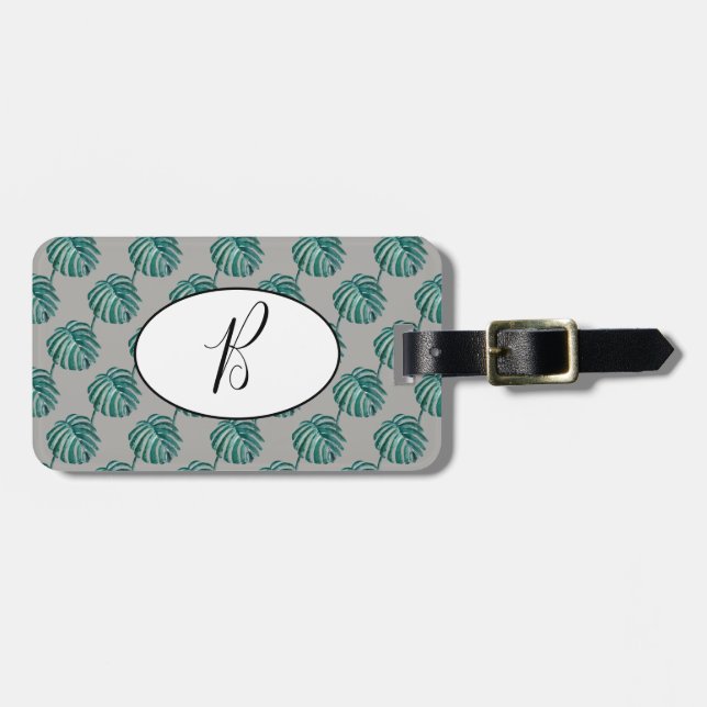 Étiquette À Bagage Balise de bagage Monogram Palm Print Turquoise (Devant horizontal)