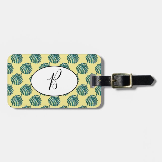 Étiquette À Bagage Balise de bagage Monogram Palm Print Turquoise (Devant horizontal)