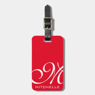 Étiquette À Bagage Balise de bagage monogramme de script QR rouge