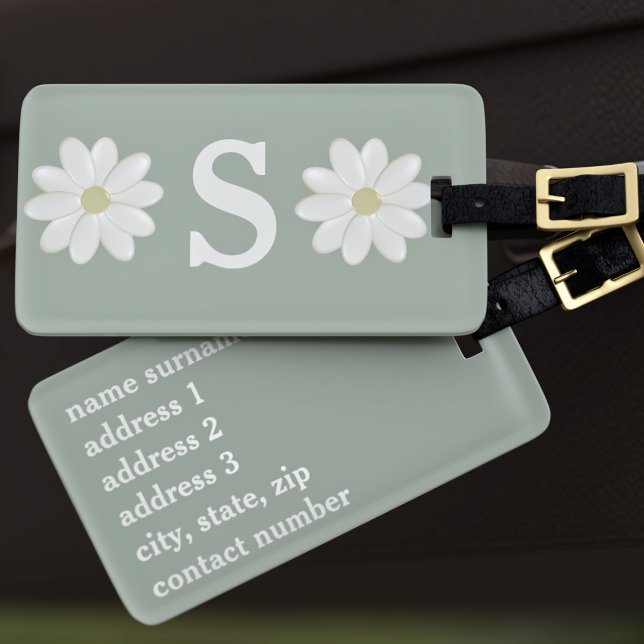 Étiquette À Bagage Balise de bagage monogramme Sage Green Daisy (Sage Green Daisy Monogrammed Luggage Tag just for you)