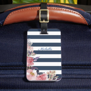 Étiquette À Bagage Balise de bagage monogrammée à bande bleue et blan