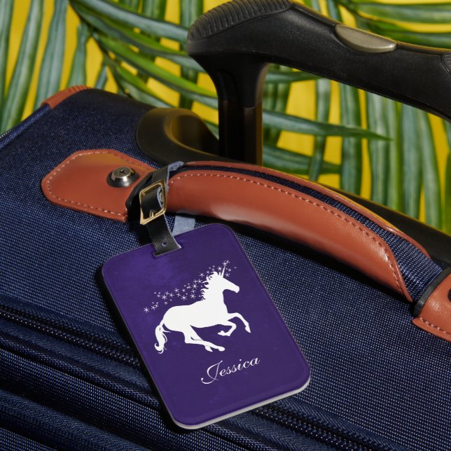 Étiquette À Bagage Balise de bagage personnalisée avec licorne violet (Insitu Rectoal 1)