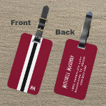 Étiquette À Bagage Balise de bagage pour hommes pour monogramme à ray<br><div class="desc">Cette étiquette moderne à bagages bordeaux comporte une bande noire en bas du centre avec deux bandes blanches de chaque côté et votre monogramme le long du fond. L'envers de la balise est bordeaux avec des lettres blanches pour votre nom,  adresse et numéro de téléphone. Copyright Kathy Henis</div>