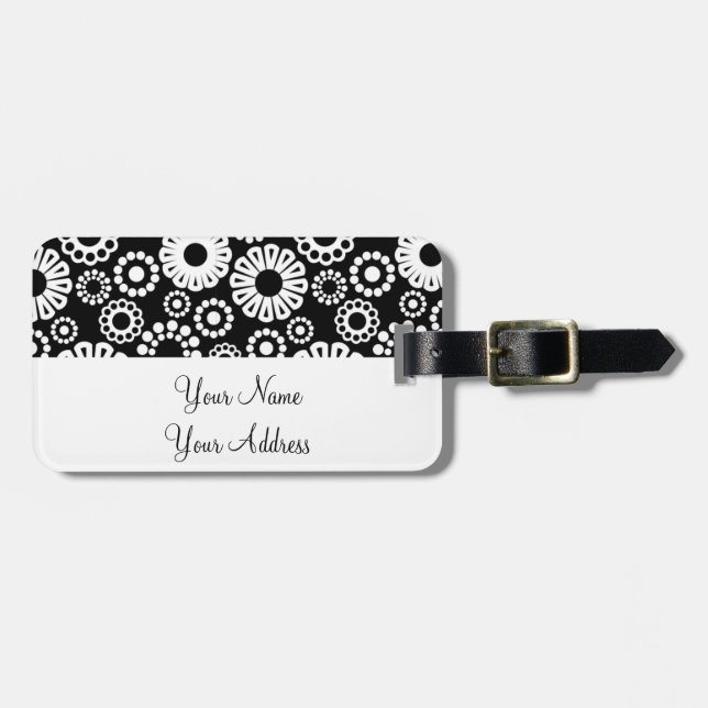 Étiquette À Bagage Balise de bagage Retro noir Fleurs blanches (Devant horizontal)