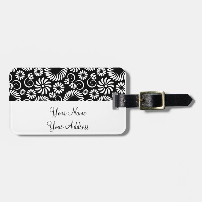 Étiquette À Bagage Balise de bagage Retro noir Fleurs blanches (Devant horizontal)