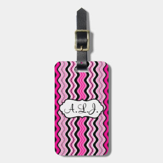 Étiquette À Bagage Balise de bagage rose, noir, blanc à rayures ondul