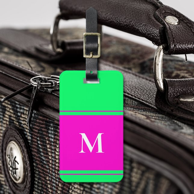 Étiquette À Bagage Balise de bagage vert néon brillant monogramme (Créateur téléchargé)