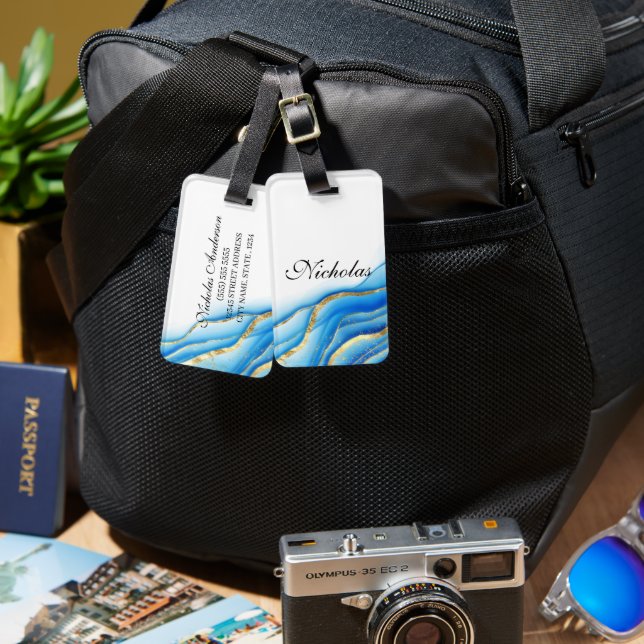 Étiquette À Bagage Balise de bagages bleu et or personnalisée (Recto & Verso)